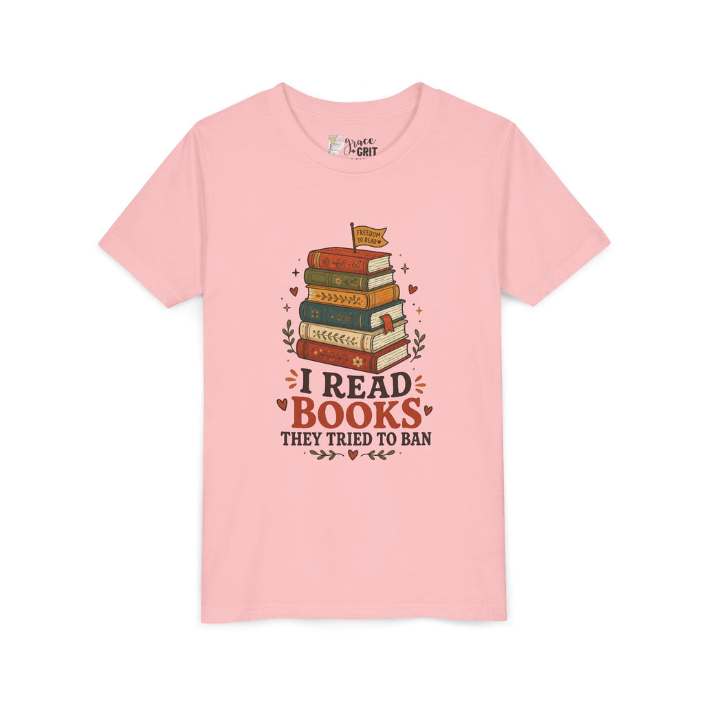 Youth Book Lover T‑Shirt — "I Read Books They Tried To Ban" Stack Graphic