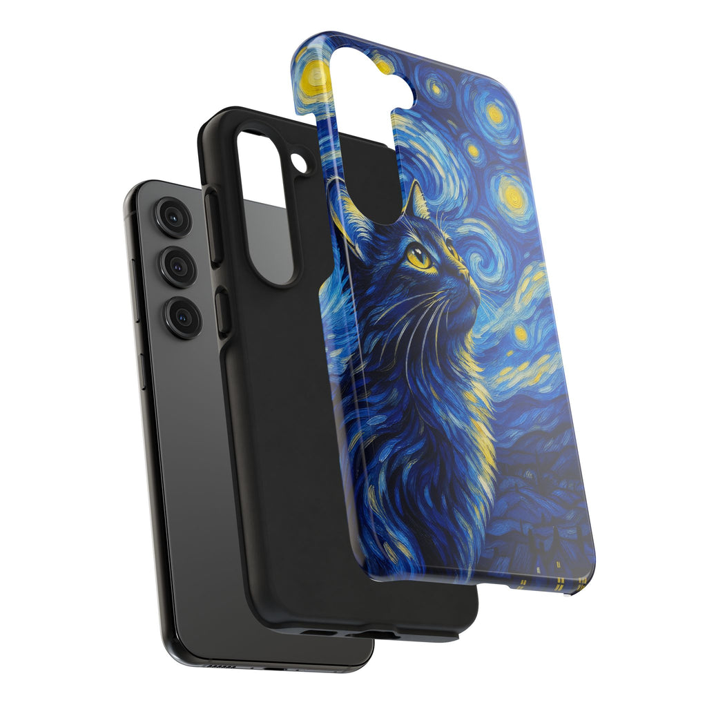Starry Night Cat Tough Phone Case — Van Gogh Style Galaxy Kitten Protective Cover