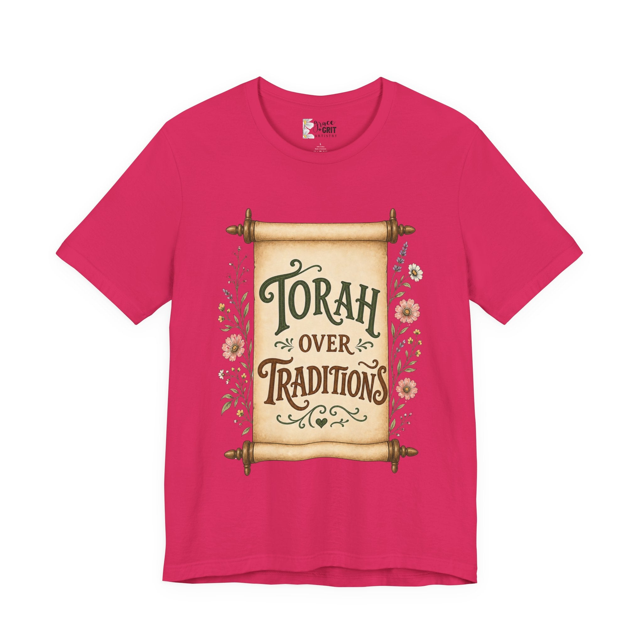 Torah Over Traditions T-Shirt — Vintage Scroll Floral Jewish Pride Tee