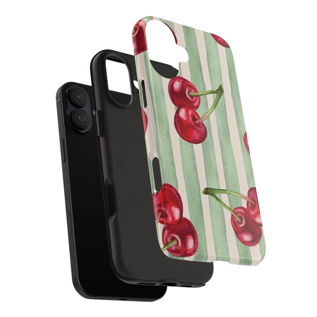 Cherry Stripe Tough Phone Case — Retro Watercolor Cherry Pattern Durable Phone Case