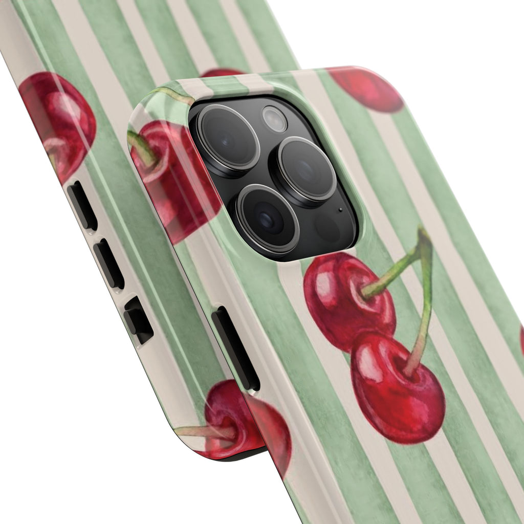 Cherry Stripe Tough Phone Case — Retro Watercolor Cherry Pattern Durable Phone Case
