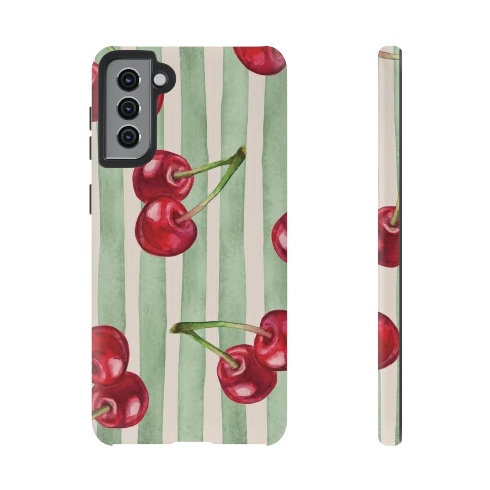 Cherry Stripe Phone Case – Retro Watercolor Cherries on Mint Stripes