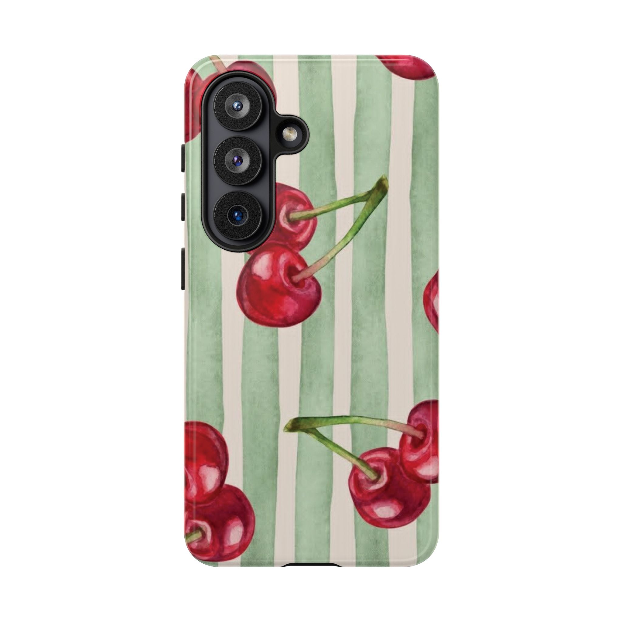 Cherry Stripe Phone Case – Retro Watercolor Cherries on Mint Stripes