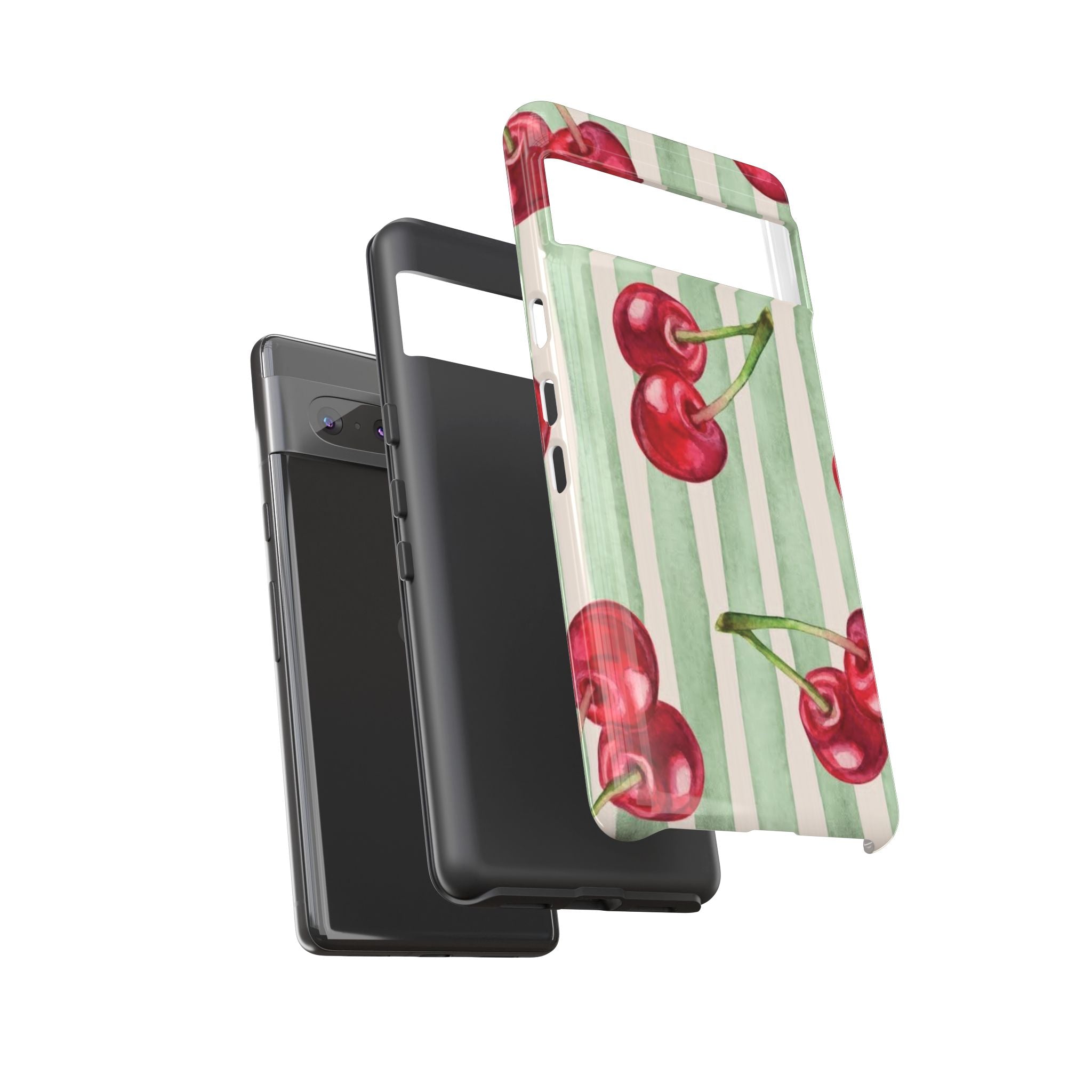 Cherry Stripe Phone Case – Retro Watercolor Cherries on Mint Stripes