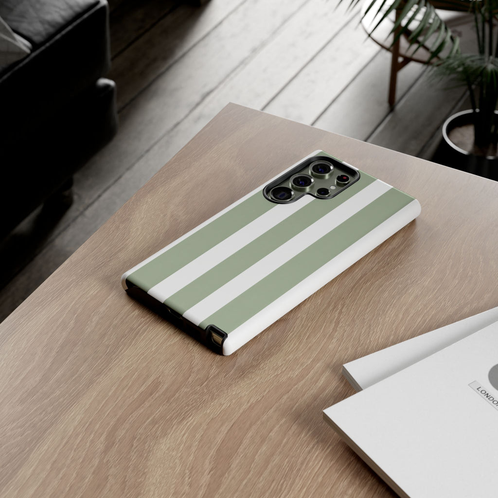 Striped Sage Tough Phone Case — Durable Green & White Vertical Stripe Phone Cover