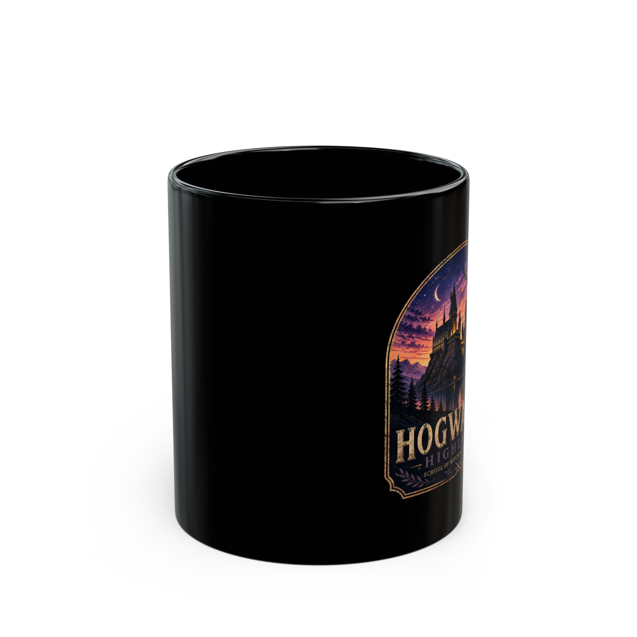 Hogwarts Highlands Black Mug — Castle Sunset Coffee Cup (11oz/15oz)