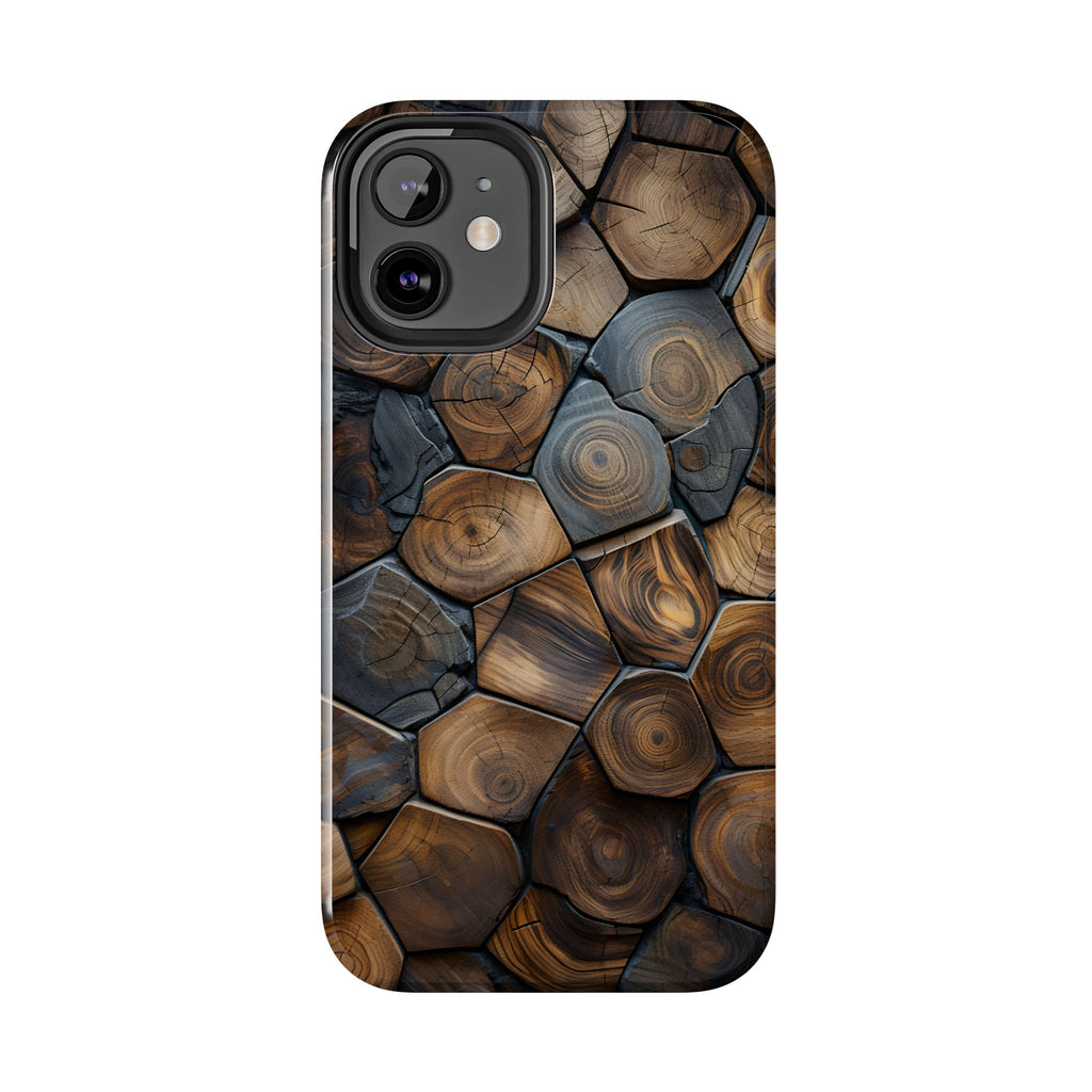 Woodgrain Hex Pattern Tough Phone Case — Rustic Log Cross-Section Design