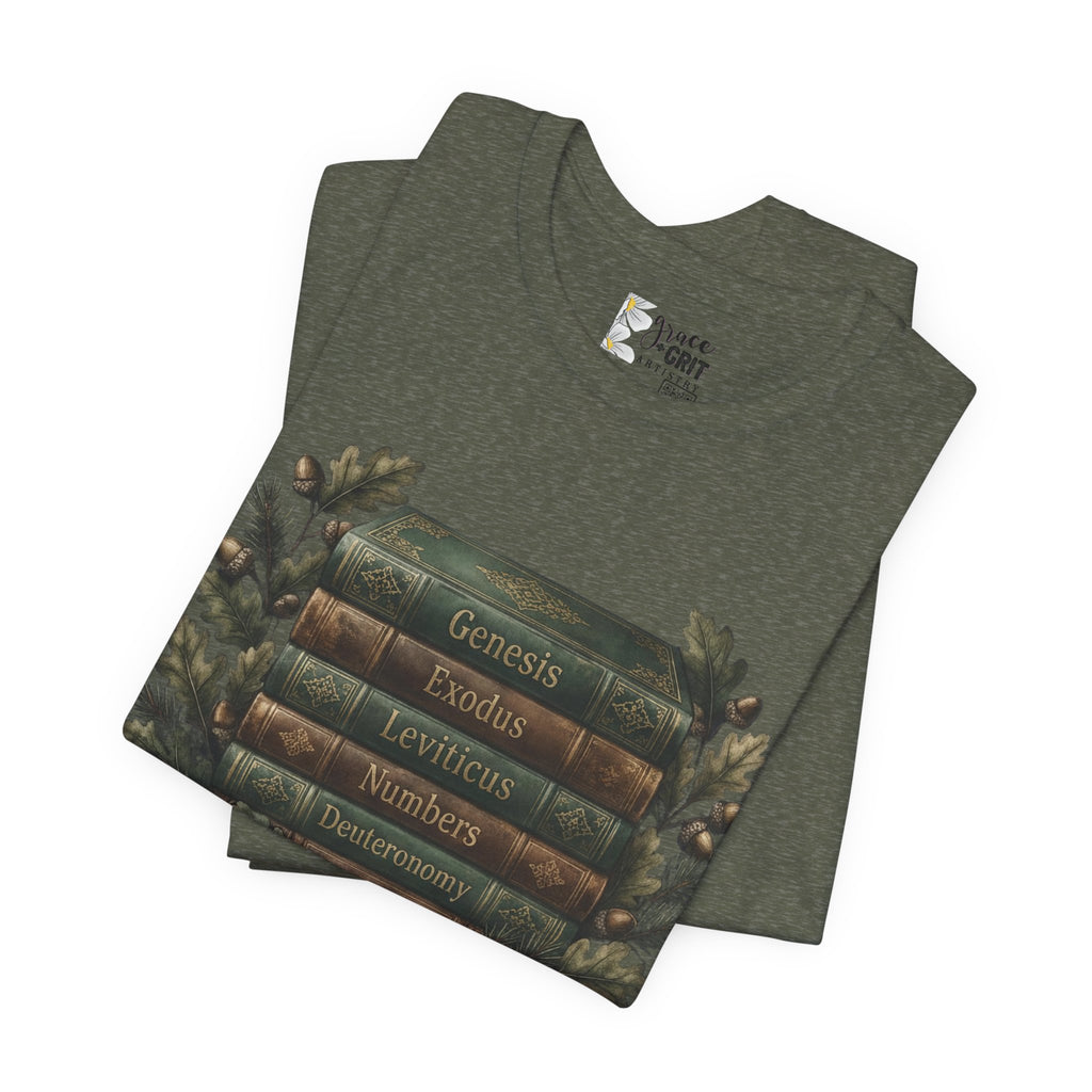 Bible Verse Stack T-Shirt — Genesis Exodus Leviticus Numbers Deuteronomy Floral Graphic