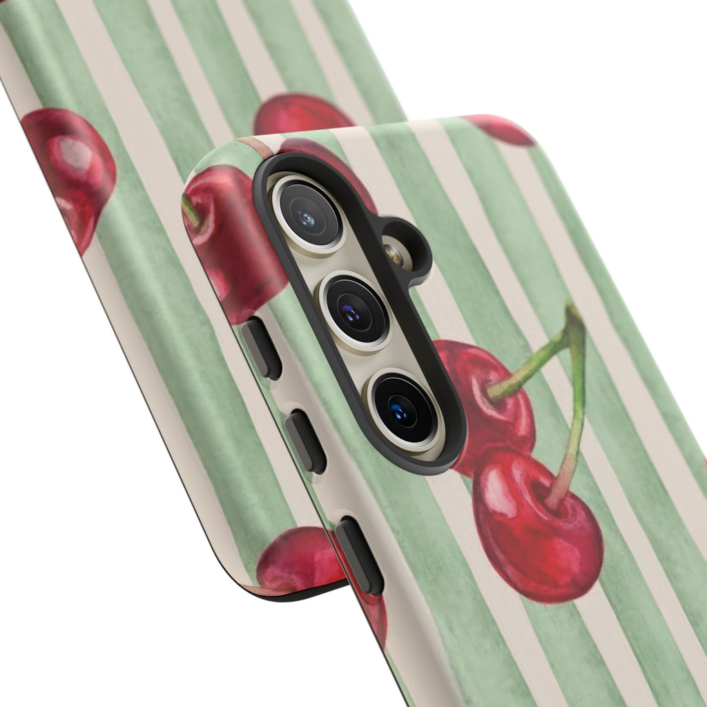 Cherry Stripe Phone Case – Retro Watercolor Cherries on Mint Stripes