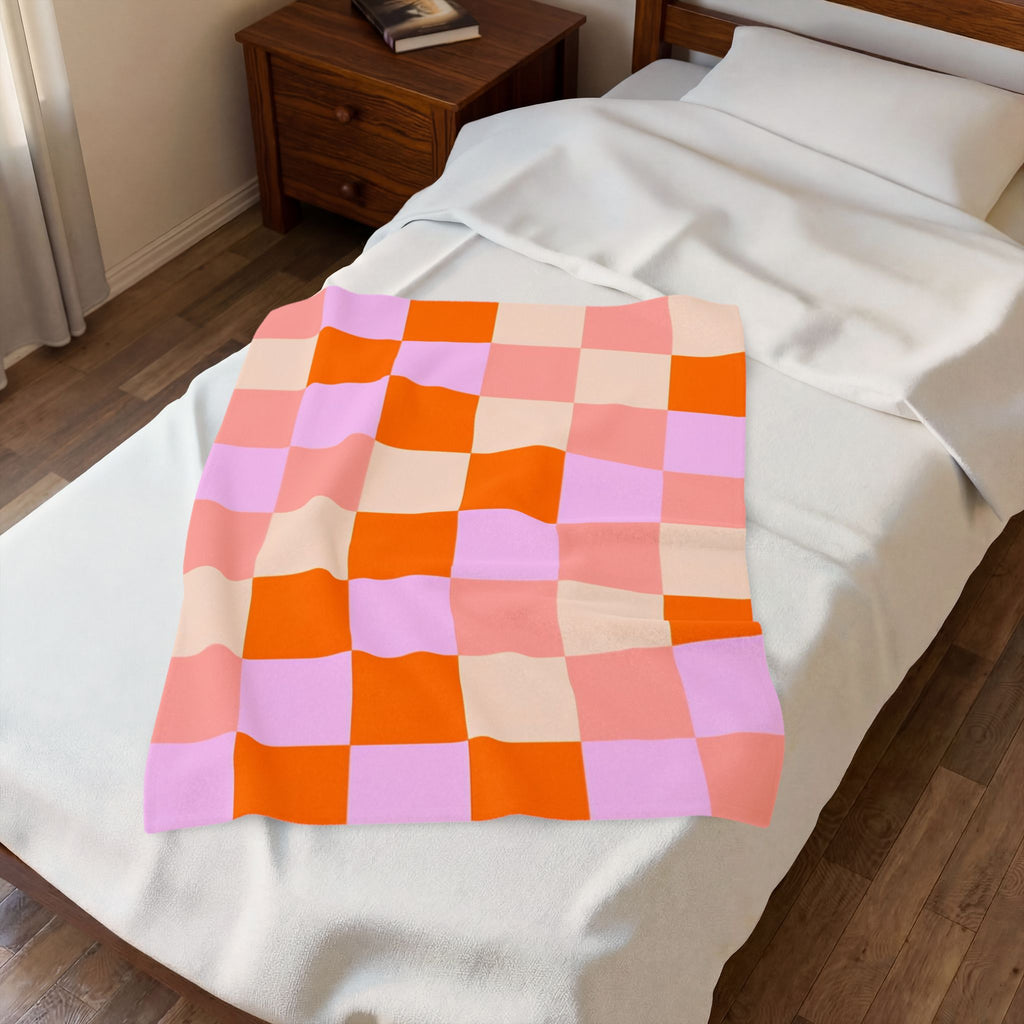 Retro Checkerboard Velveteen Plush Blanket – Pink, Orange & Lavender