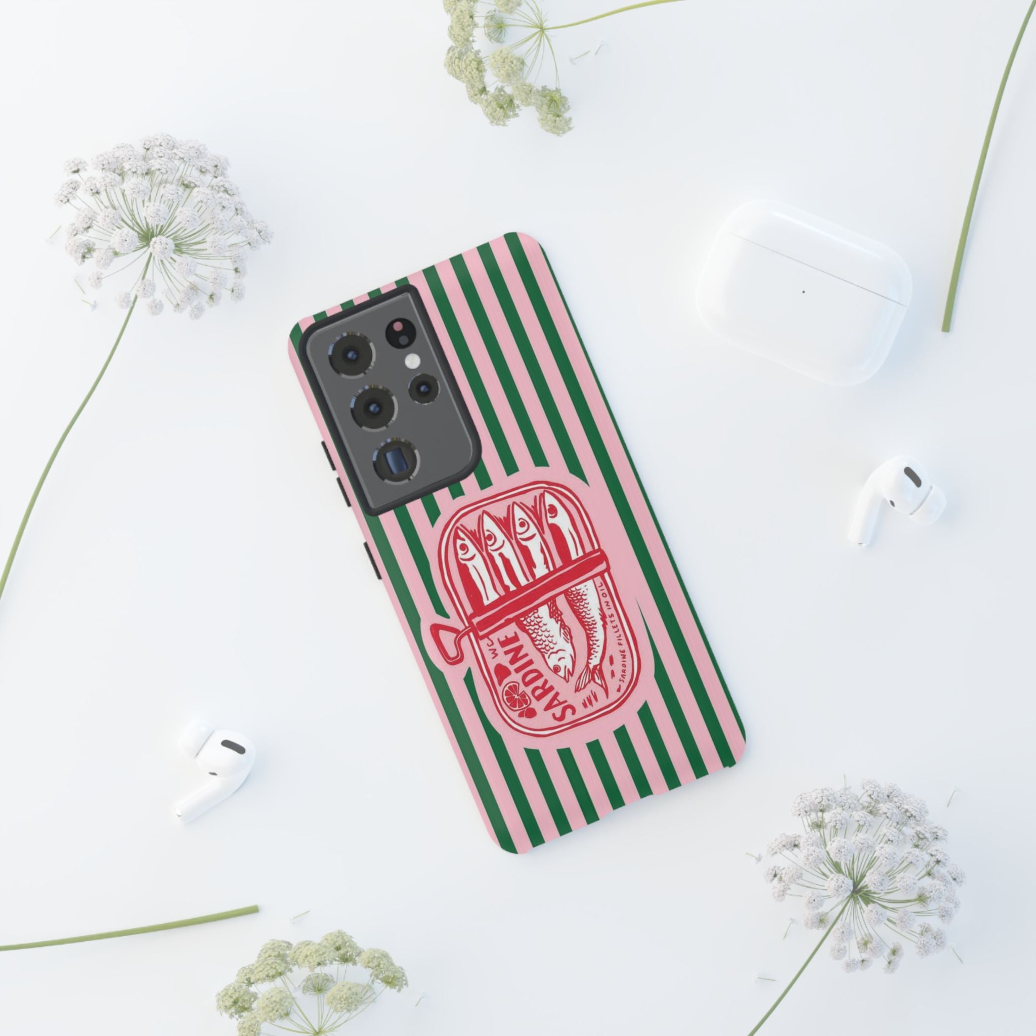 Sardine Stripe Phone Case — Retro Pink & Green Nautical Protection