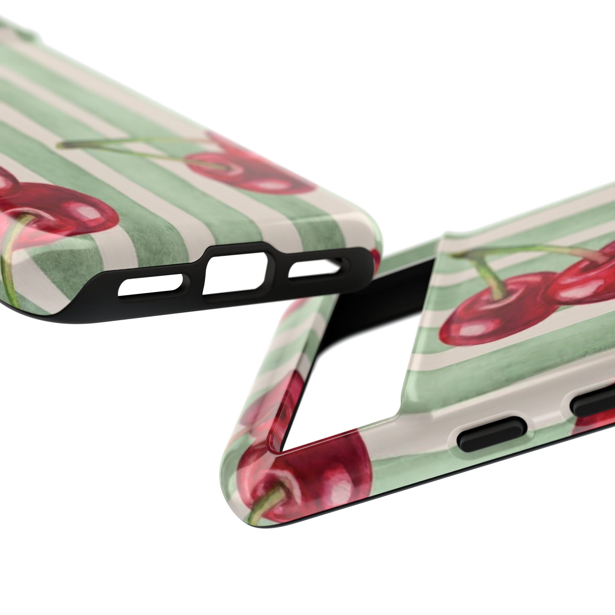 Cherry Stripe Phone Case – Retro Watercolor Cherries on Mint Stripes
