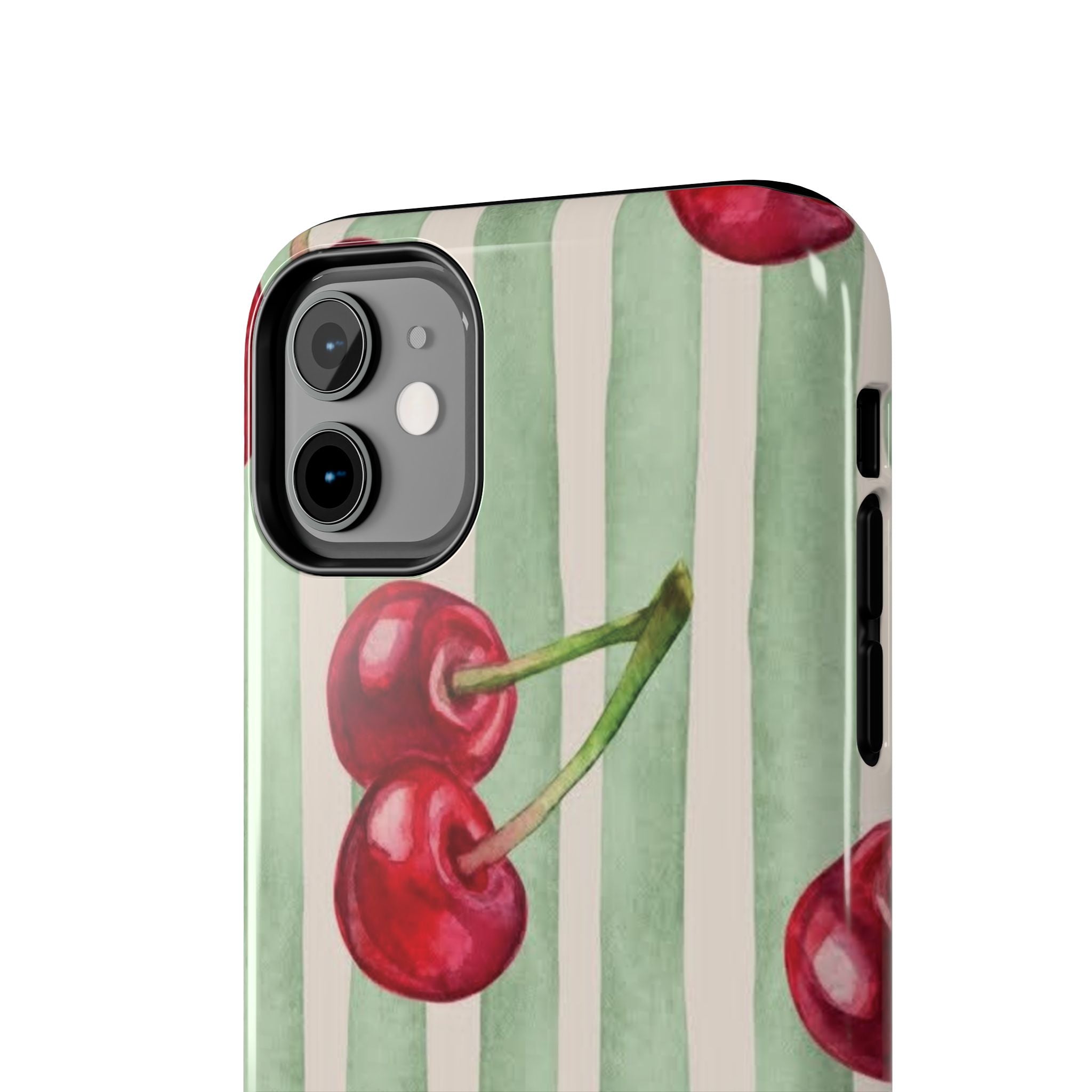 Cherry Stripe Tough Phone Case — Retro Watercolor Cherry Pattern Durable Phone Case