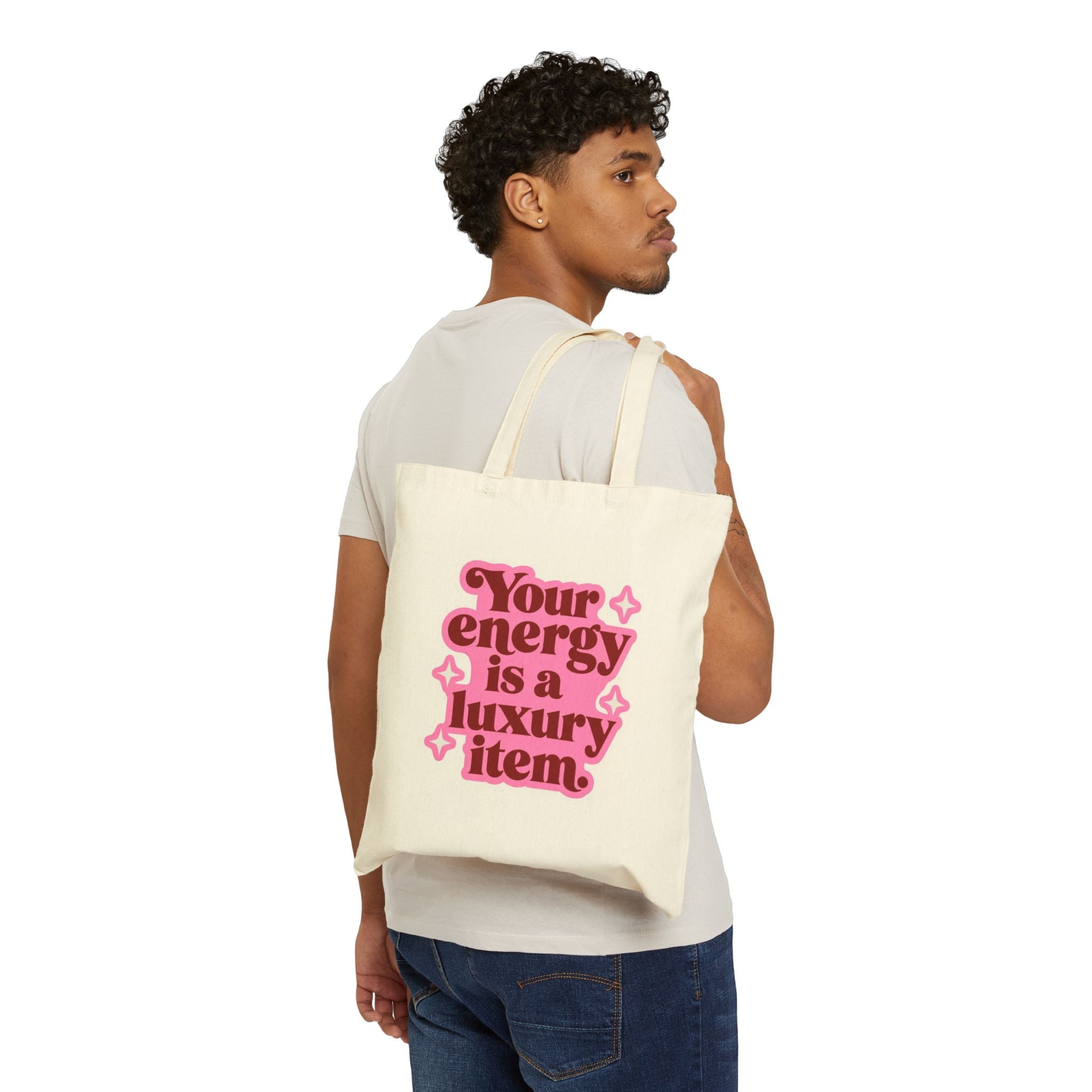 Tote Bag — "Your Energy Is a Luxury Item" Pink Retro Graphic Cotton Canvas Tote