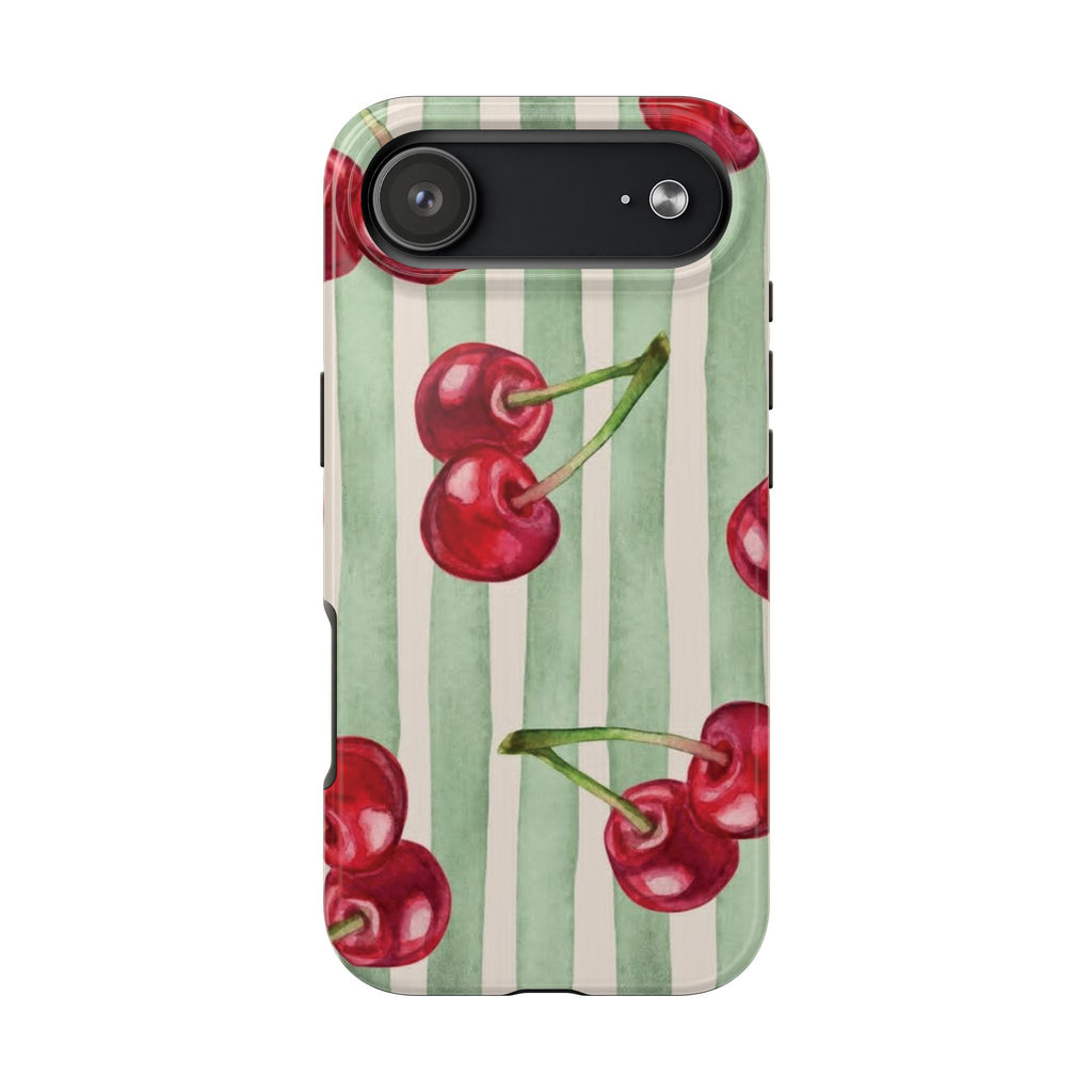 Cherry Stripe Tough Phone Case — Retro Watercolor Cherry Pattern Durable Phone Case