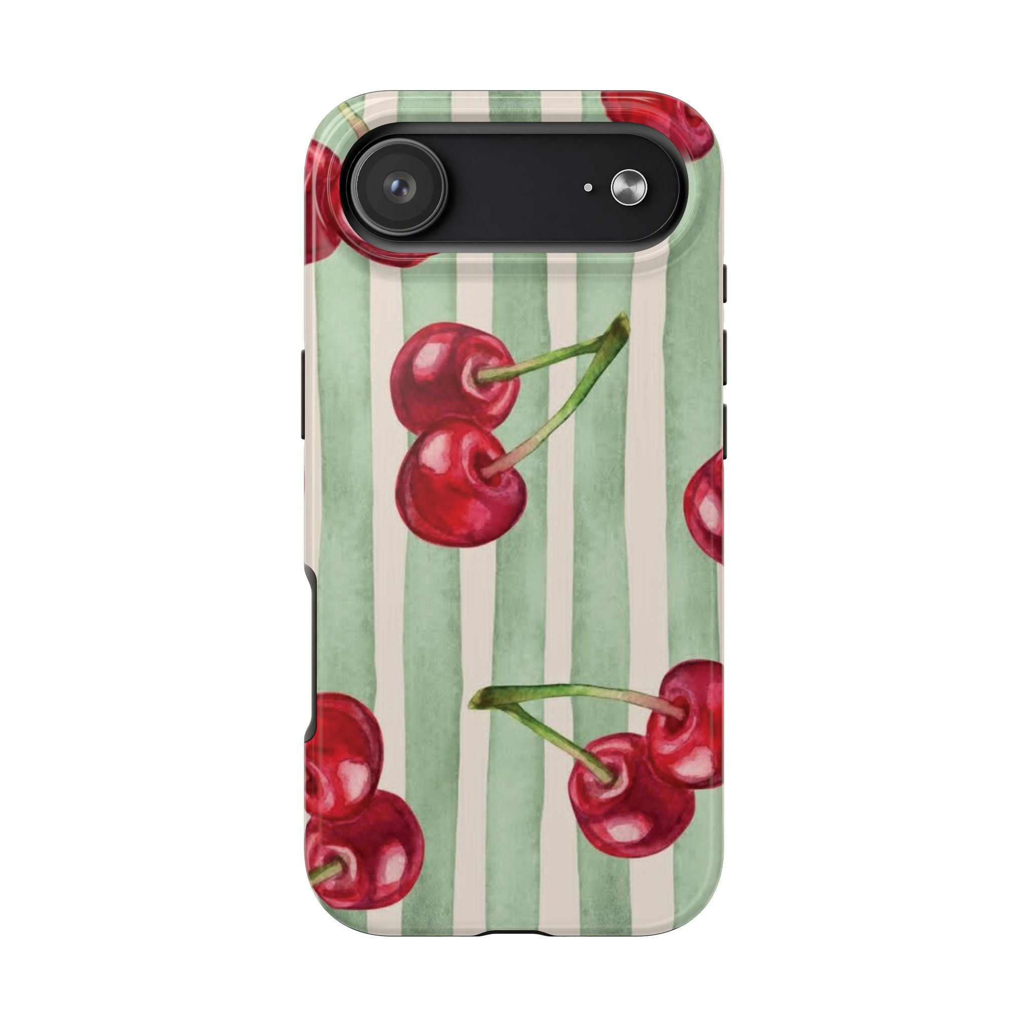 Cherry Stripe Tough Phone Case — Retro Watercolor Cherry Pattern Durable Phone Case