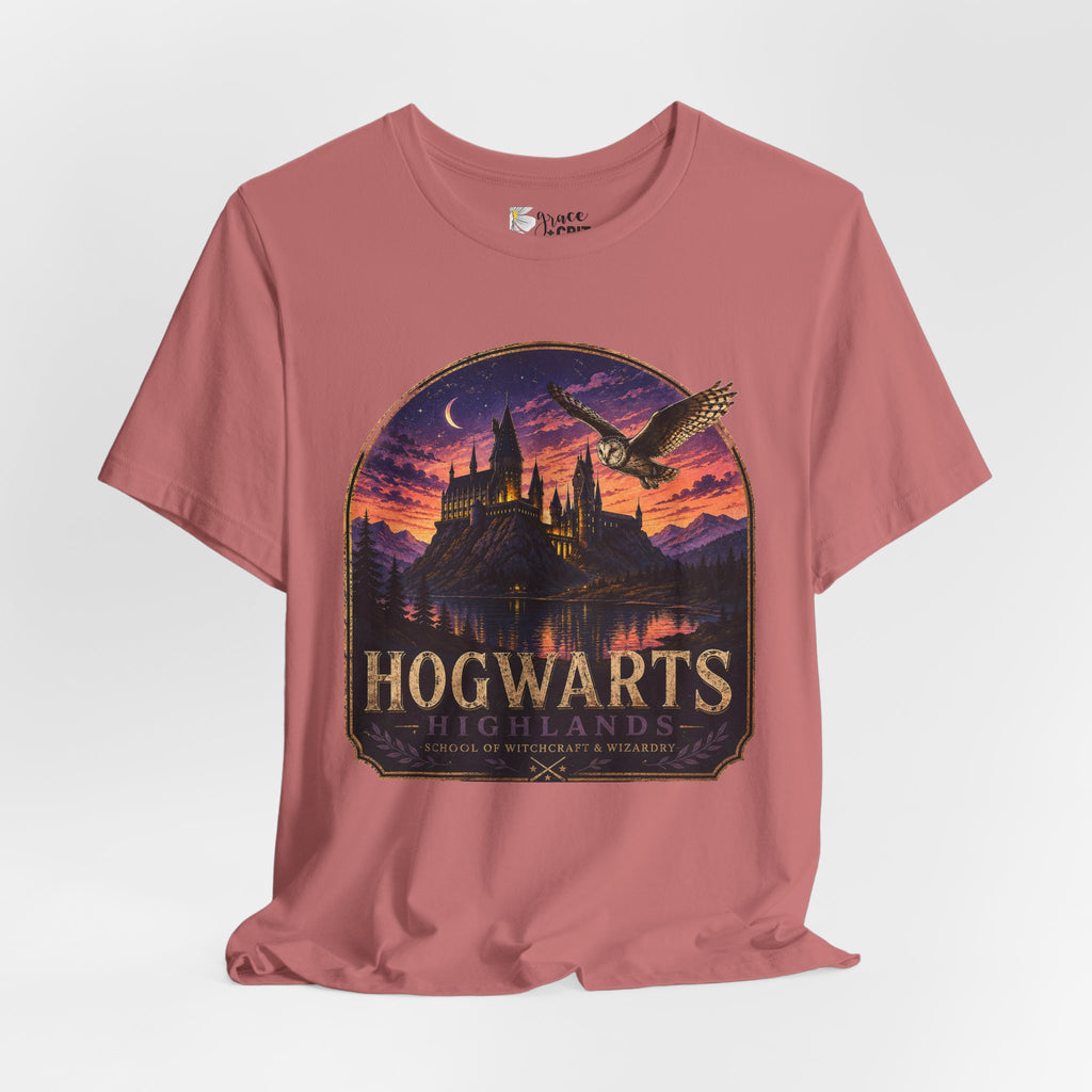 Hogwarts Highlands Graphic Tee — Sunset Castle Illustration T‑Shirt