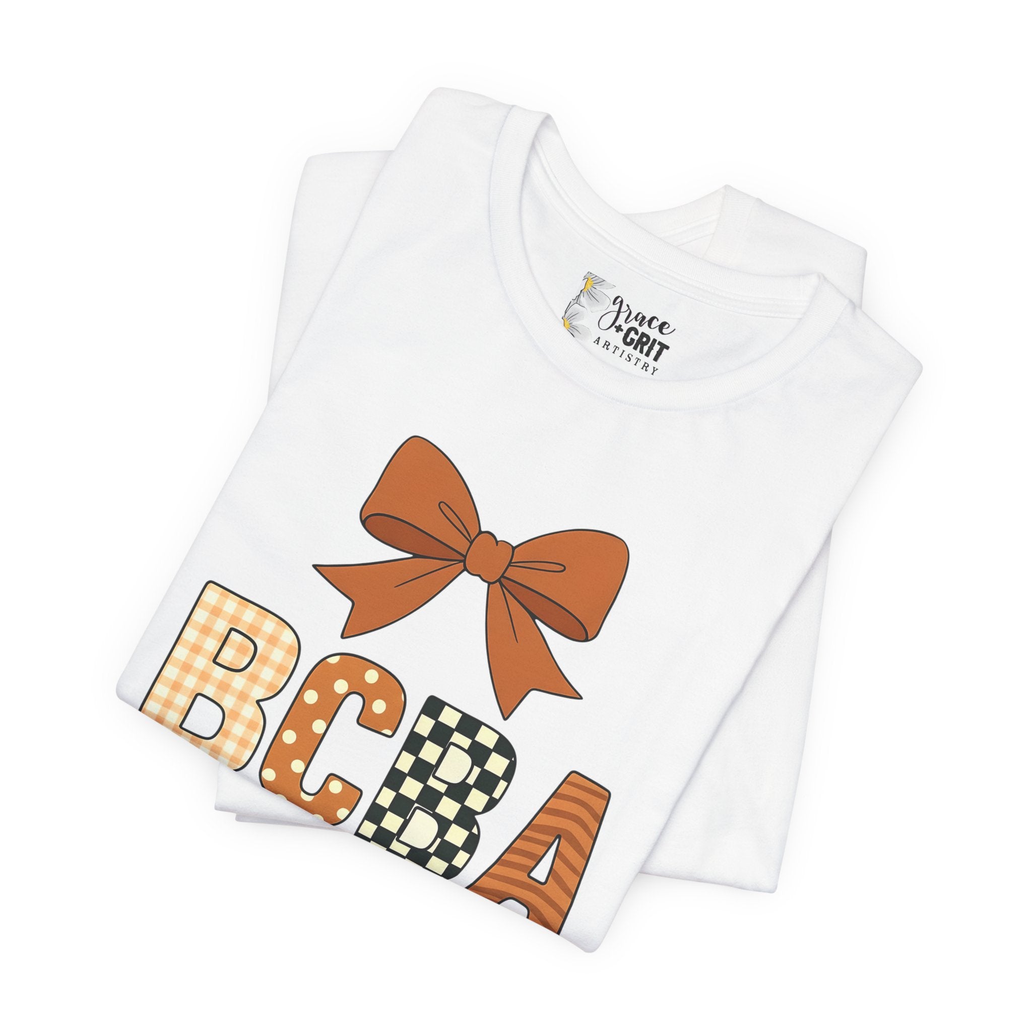 BCBA Monogram Tee | Bow Accent, Orange Plaid and Polka Dot Letters