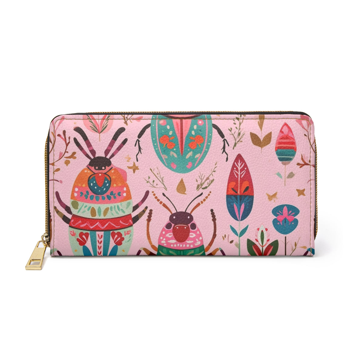 Colorful Beetle & Botanical Pattern Zipper Wallet