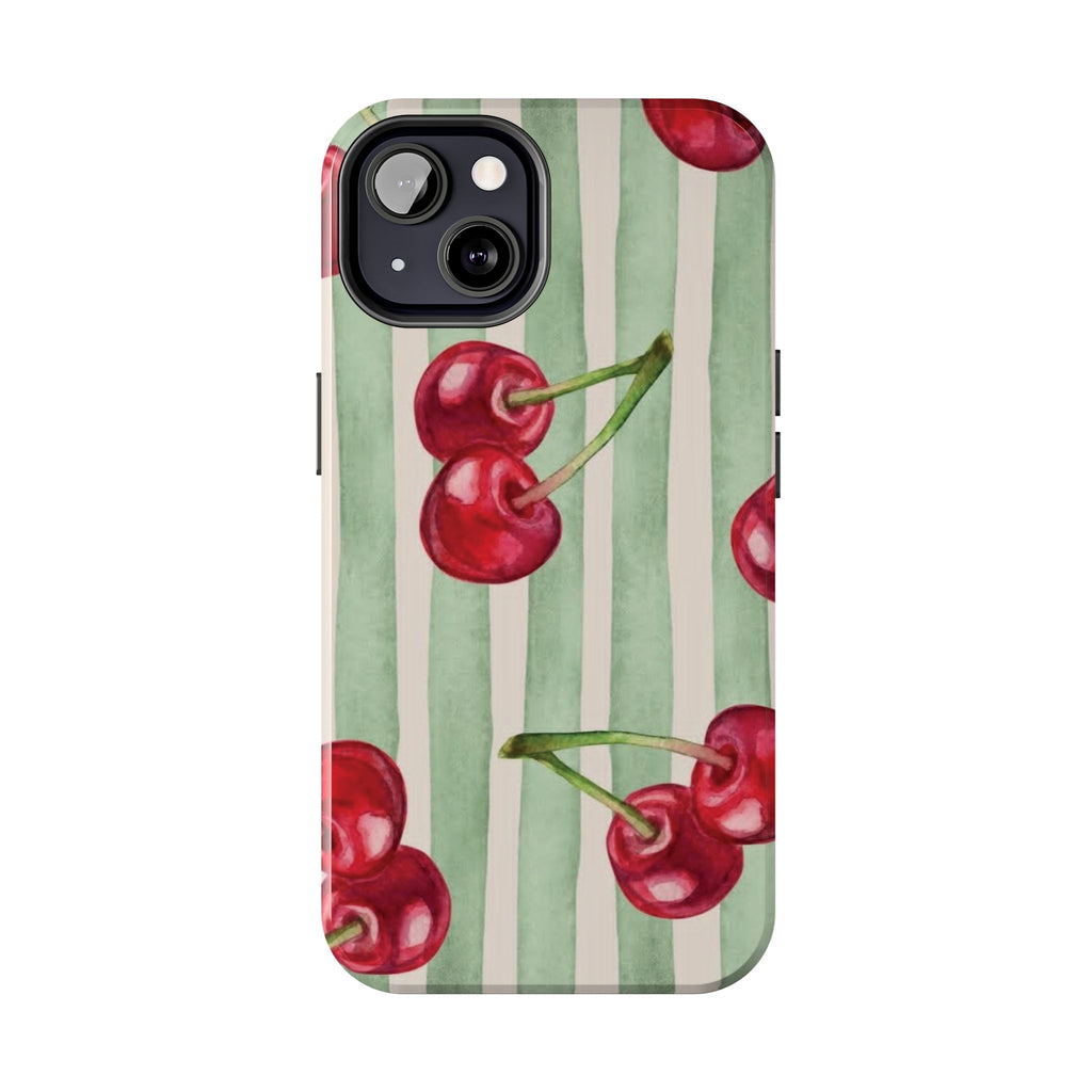 Cherry Stripe Tough Phone Case — Retro Watercolor Cherry Pattern Durable Phone Case