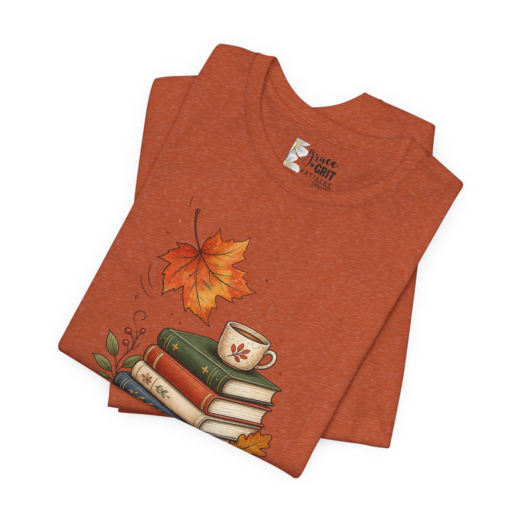 Fall Homeschool T‑Shirt – “Falling into Homeschool” Autumn Books & Coffee Tee