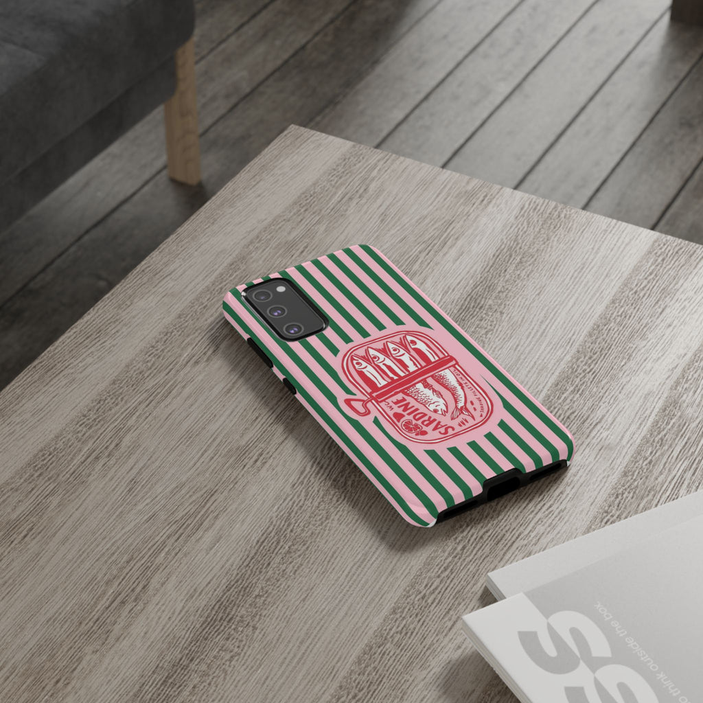 Sardine Stripe Phone Case — Retro Pink & Green Nautical Protection