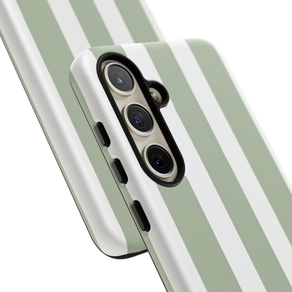 Striped Sage Tough Phone Case — Durable Green & White Vertical Stripe Phone Cover