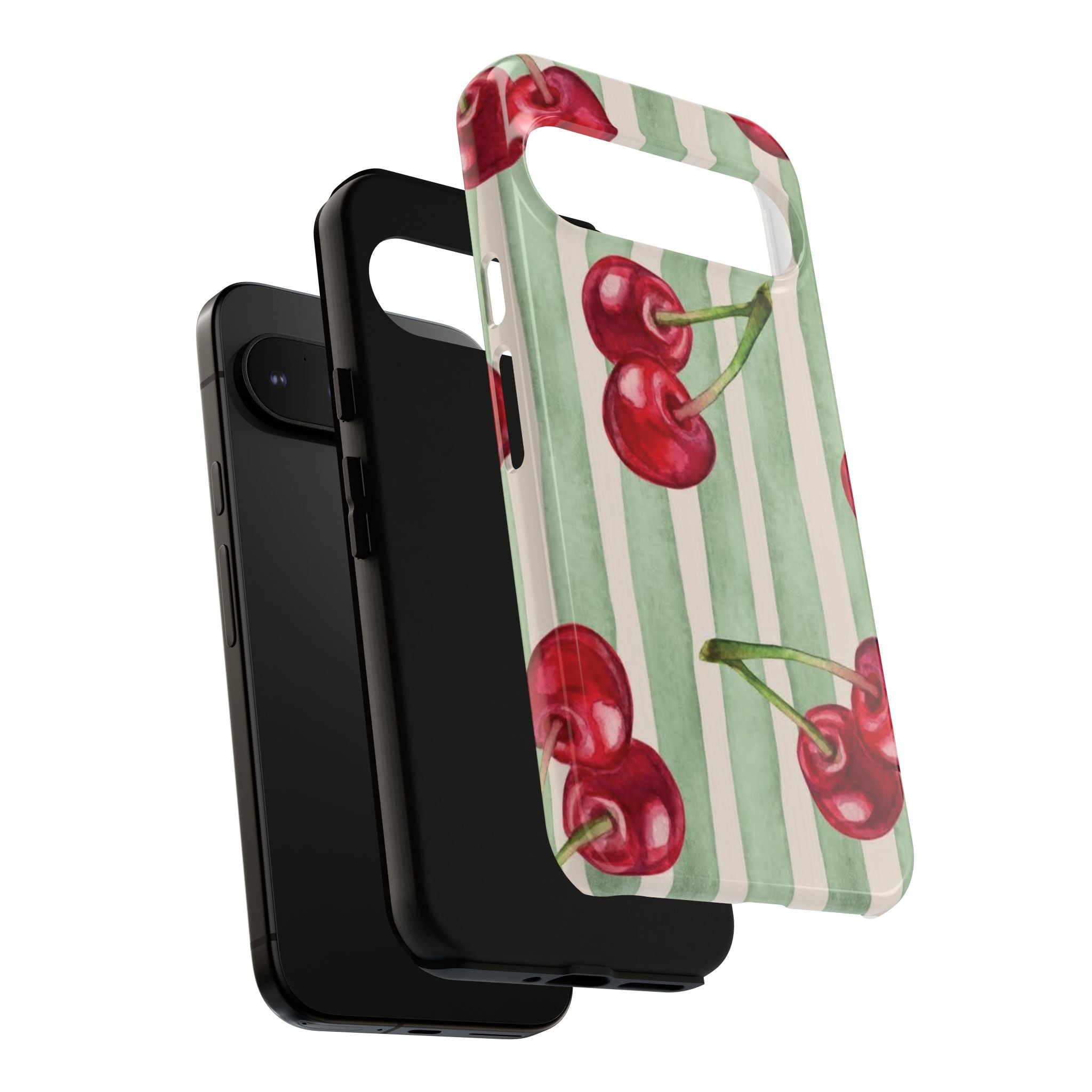 Cherry Stripe Phone Case – Retro Watercolor Cherries on Mint Stripes