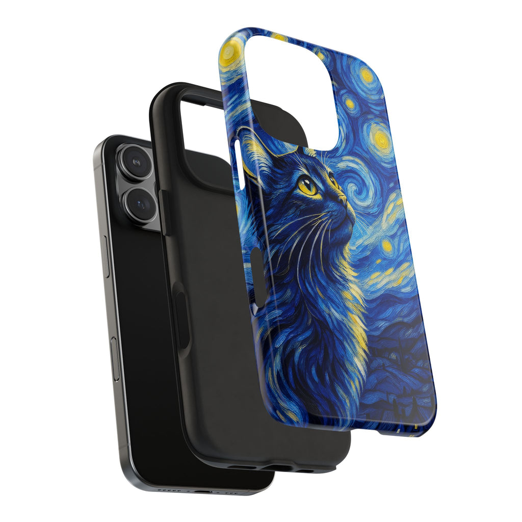 Starry Night Cat Tough Phone Case — Van Gogh Style Galaxy Kitten Protective Cover