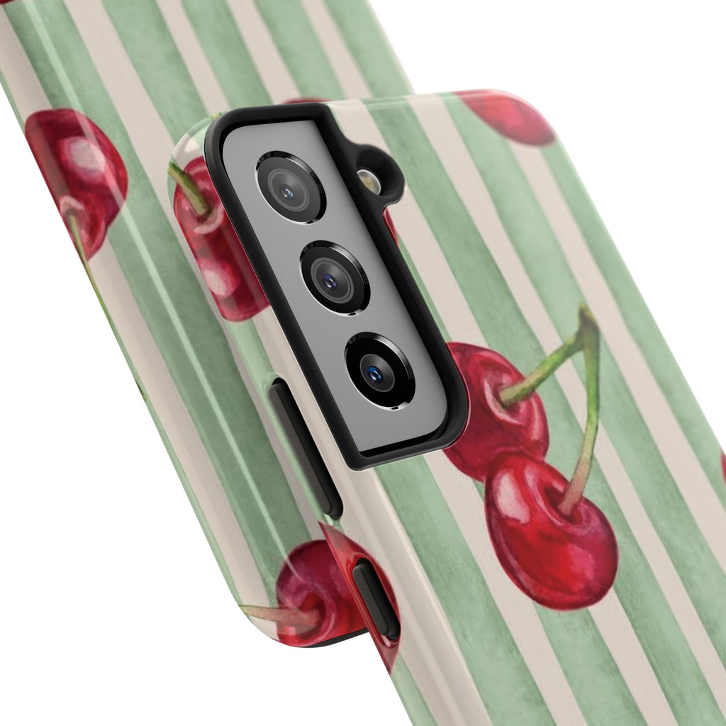 Cherry Stripe Tough Phone Case — Retro Watercolor Cherry Pattern Durable Phone Case