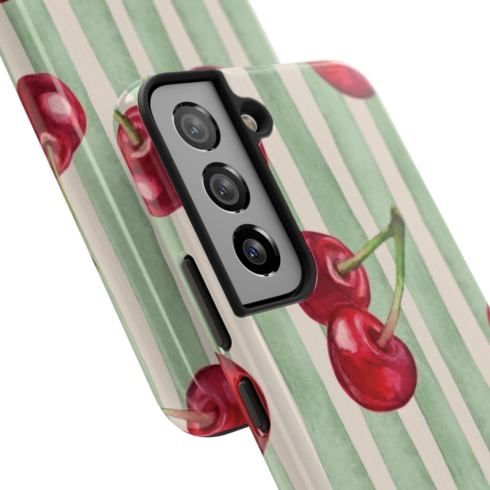 Cherry Stripe Tough Phone Case — Retro Watercolor Cherry Pattern Durable Phone Case