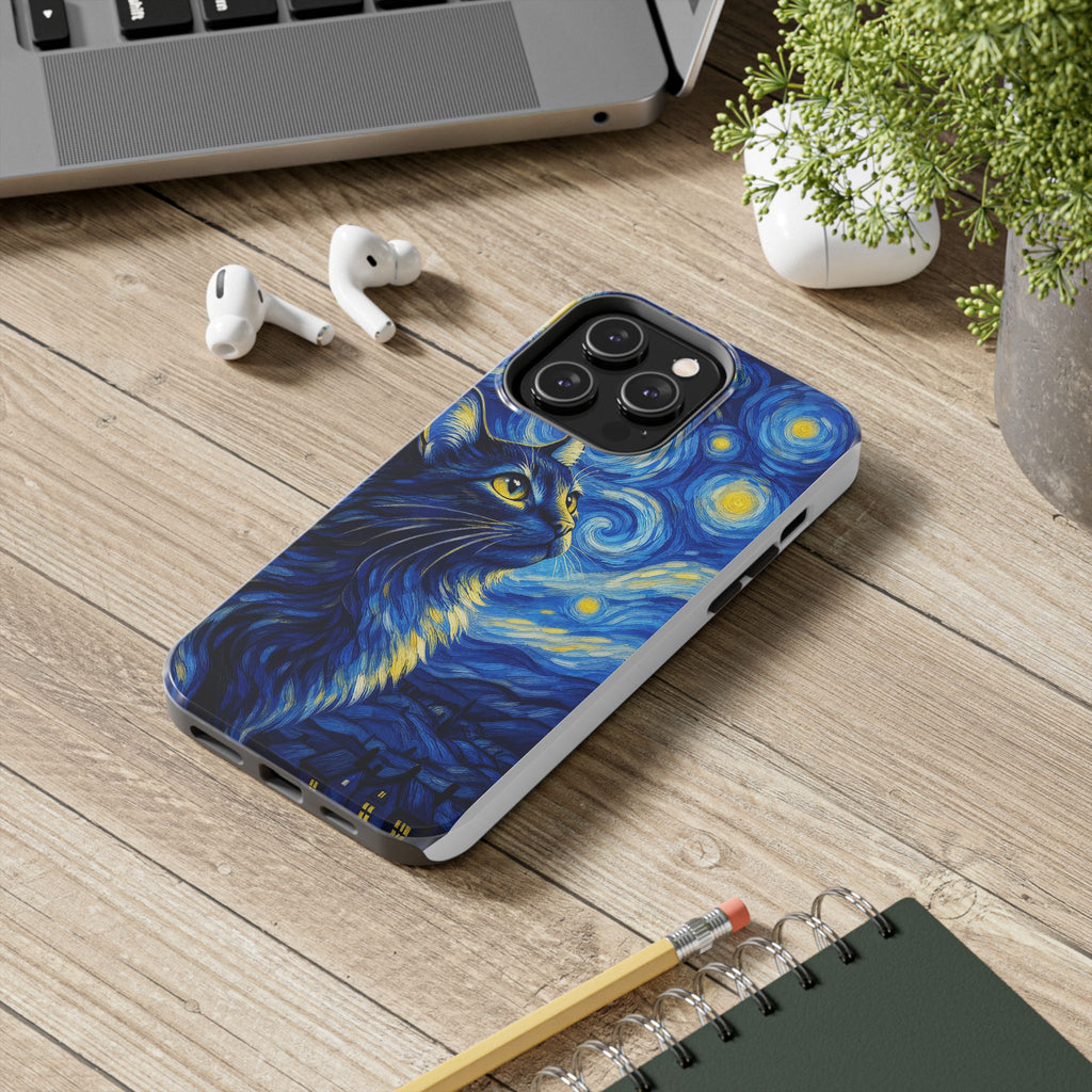 Starry Night Cat Tough Phone Case — Van Gogh Style Galaxy Kitten Protective Cover