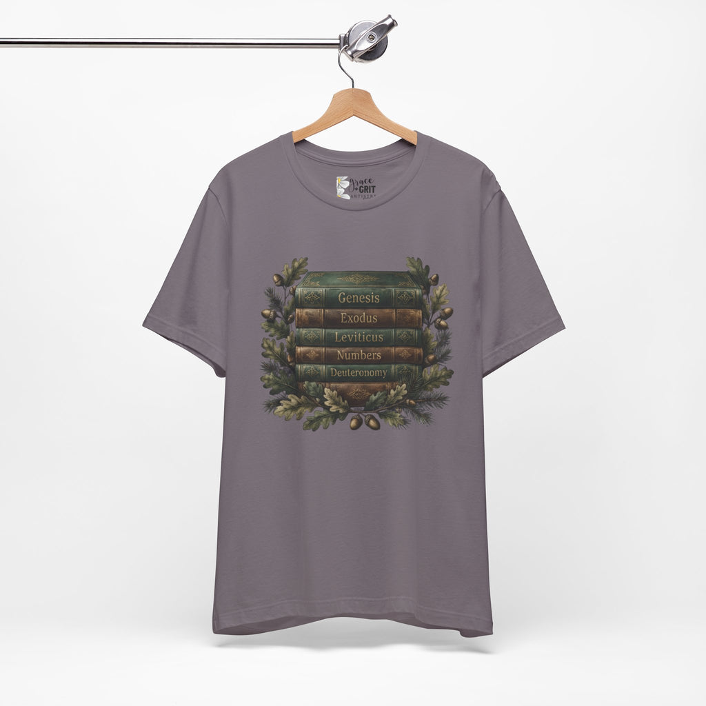 Bible Verse Stack T-Shirt — Genesis Exodus Leviticus Numbers Deuteronomy Floral Graphic
