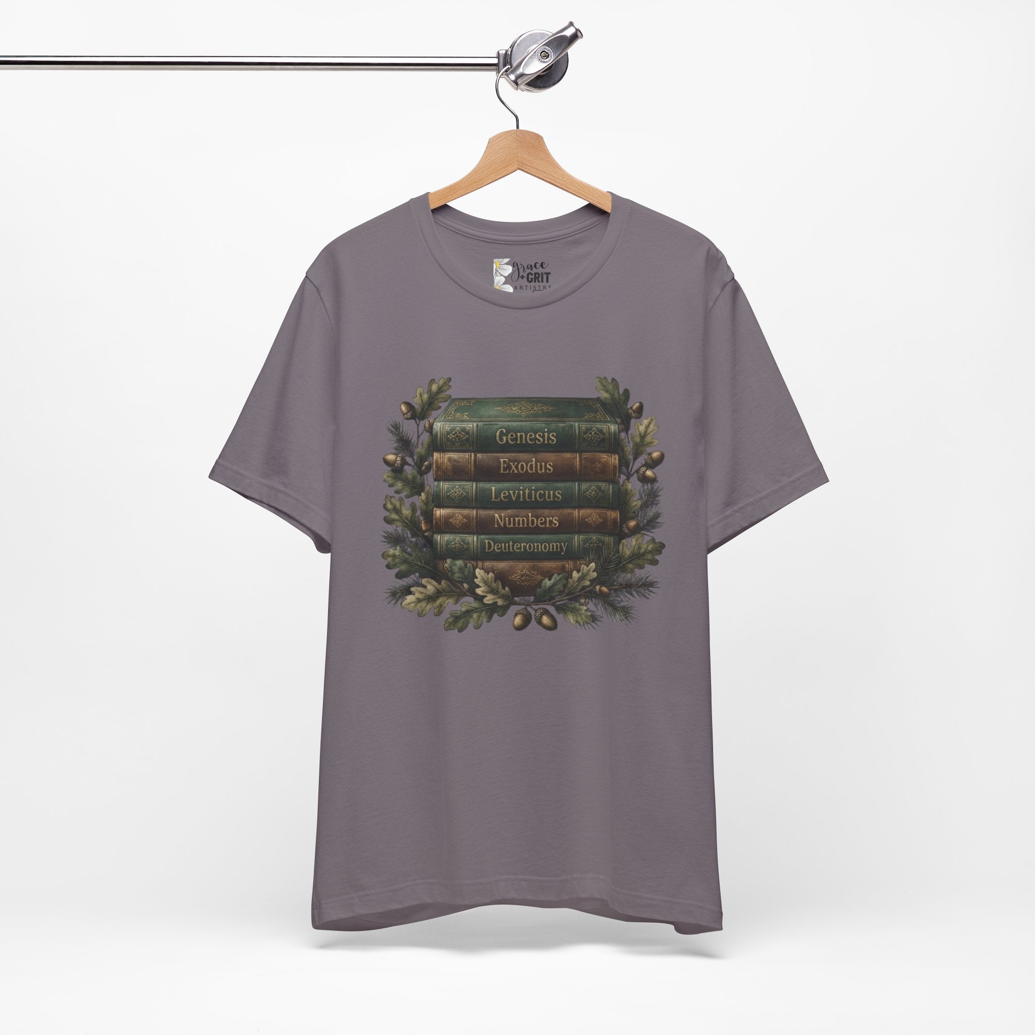 Bible Verse Stack T-Shirt — Genesis Exodus Leviticus Numbers Deuteronomy Floral Graphic