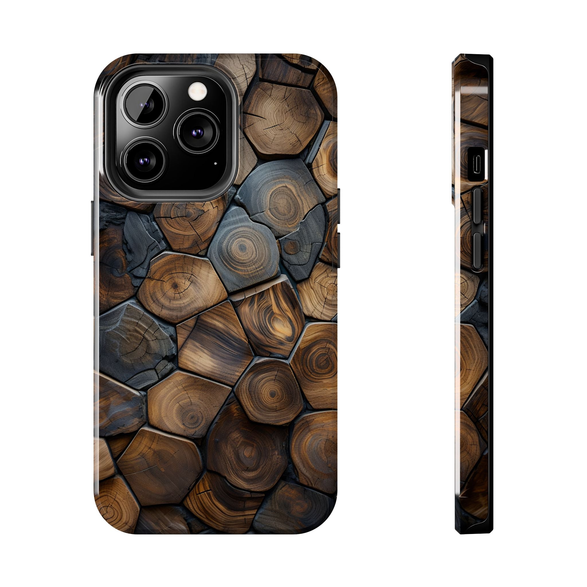 Woodgrain Hex Pattern Tough Phone Case — Rustic Log Cross-Section Design