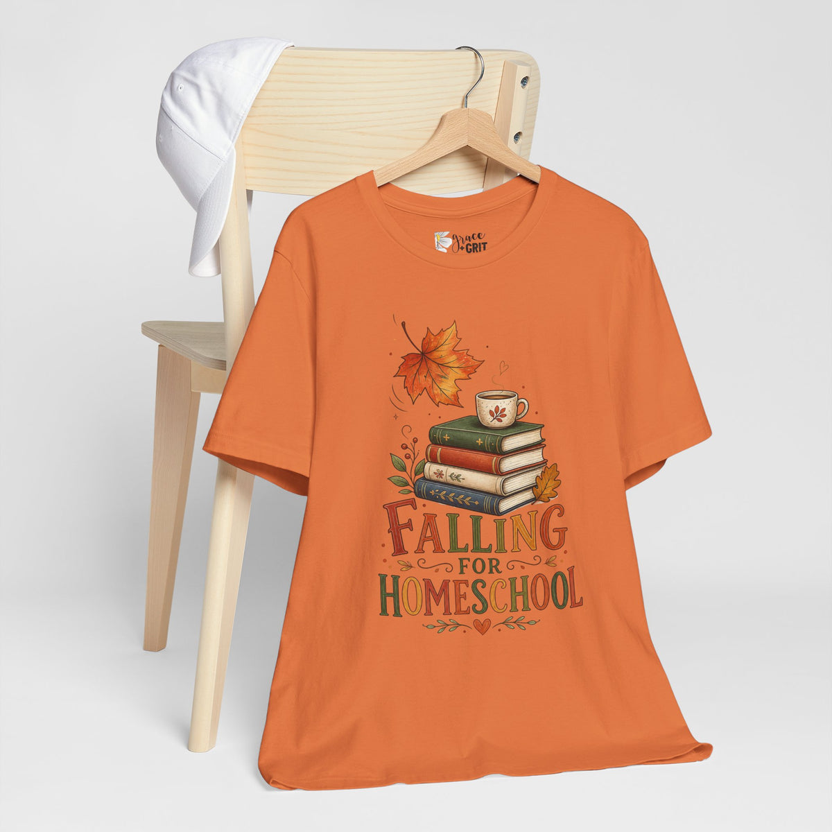 Fall Homeschool T‑Shirt – “Falling into Homeschool” Autumn Books & Coffee Tee
