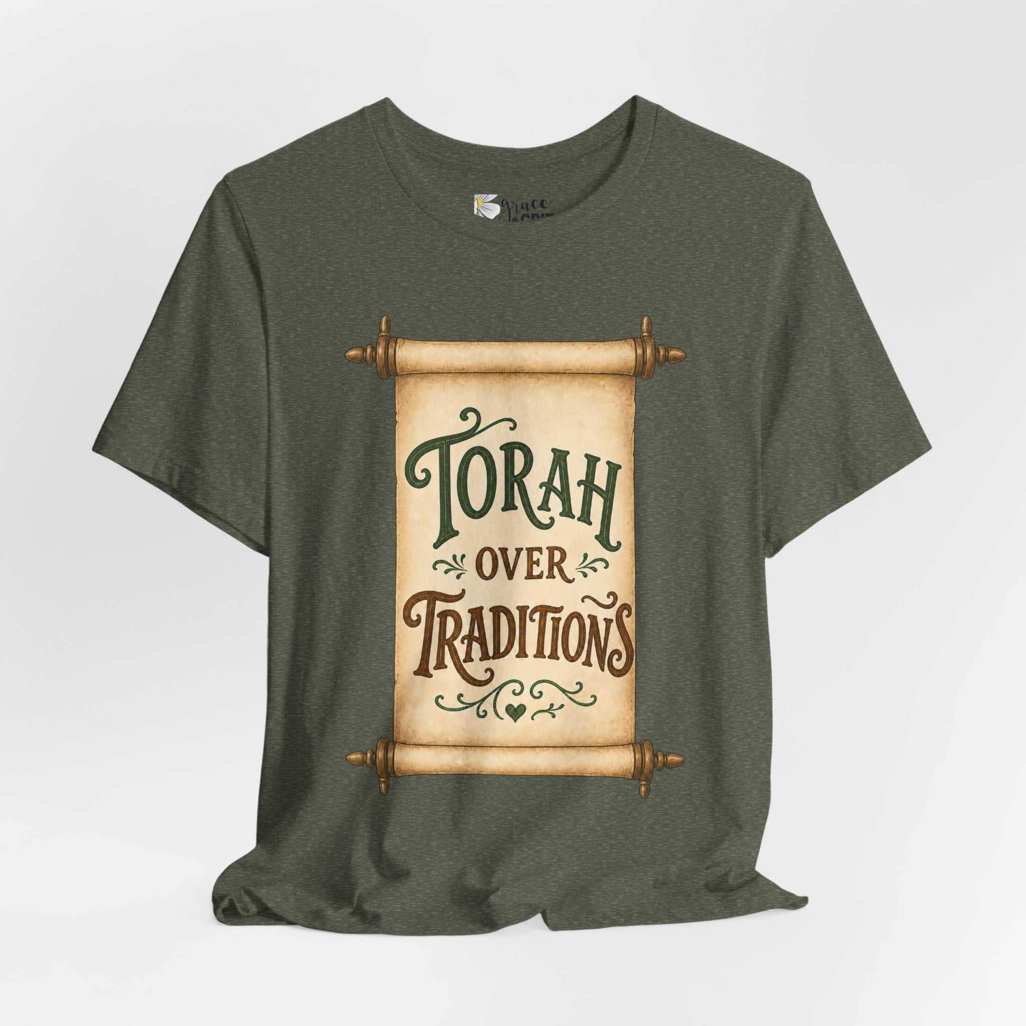 Torah Over Traditions Tee | Scroll Typography Jewish Faith Shirt