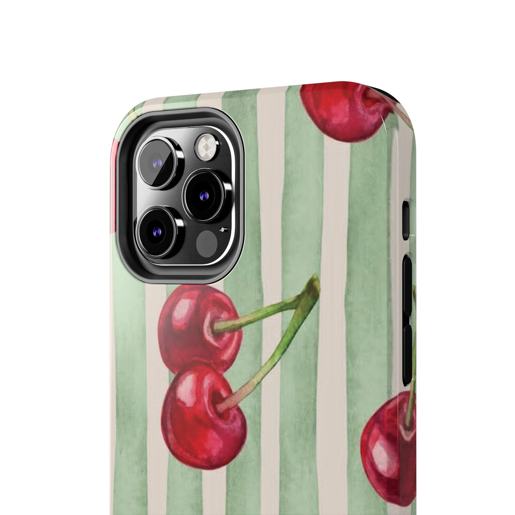 Cherry Stripe Tough Phone Case — Retro Watercolor Cherry Pattern Durable Phone Case
