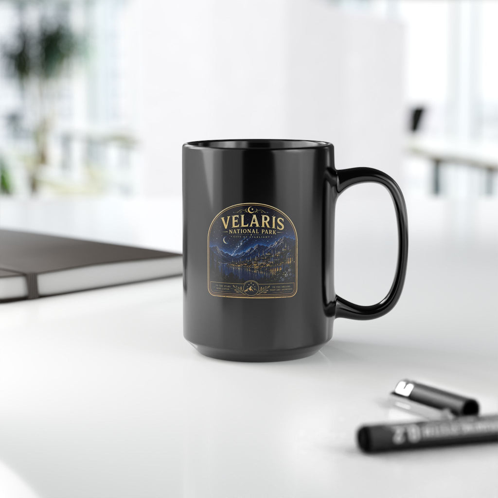 Velaris National Park Mug — Black Coffee Cup with Night Sky Cityscape