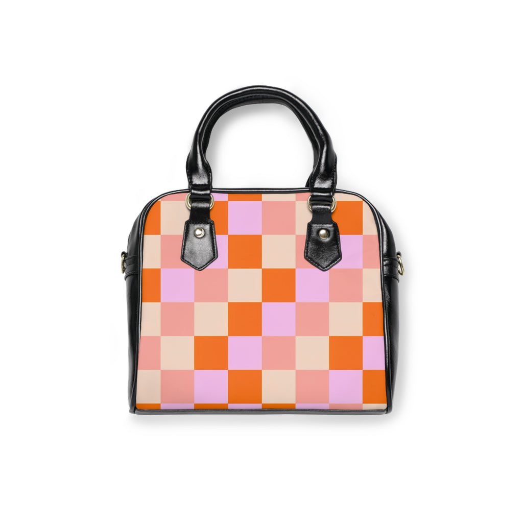 Pink and Orange Checkerboard Shoulder Handbag