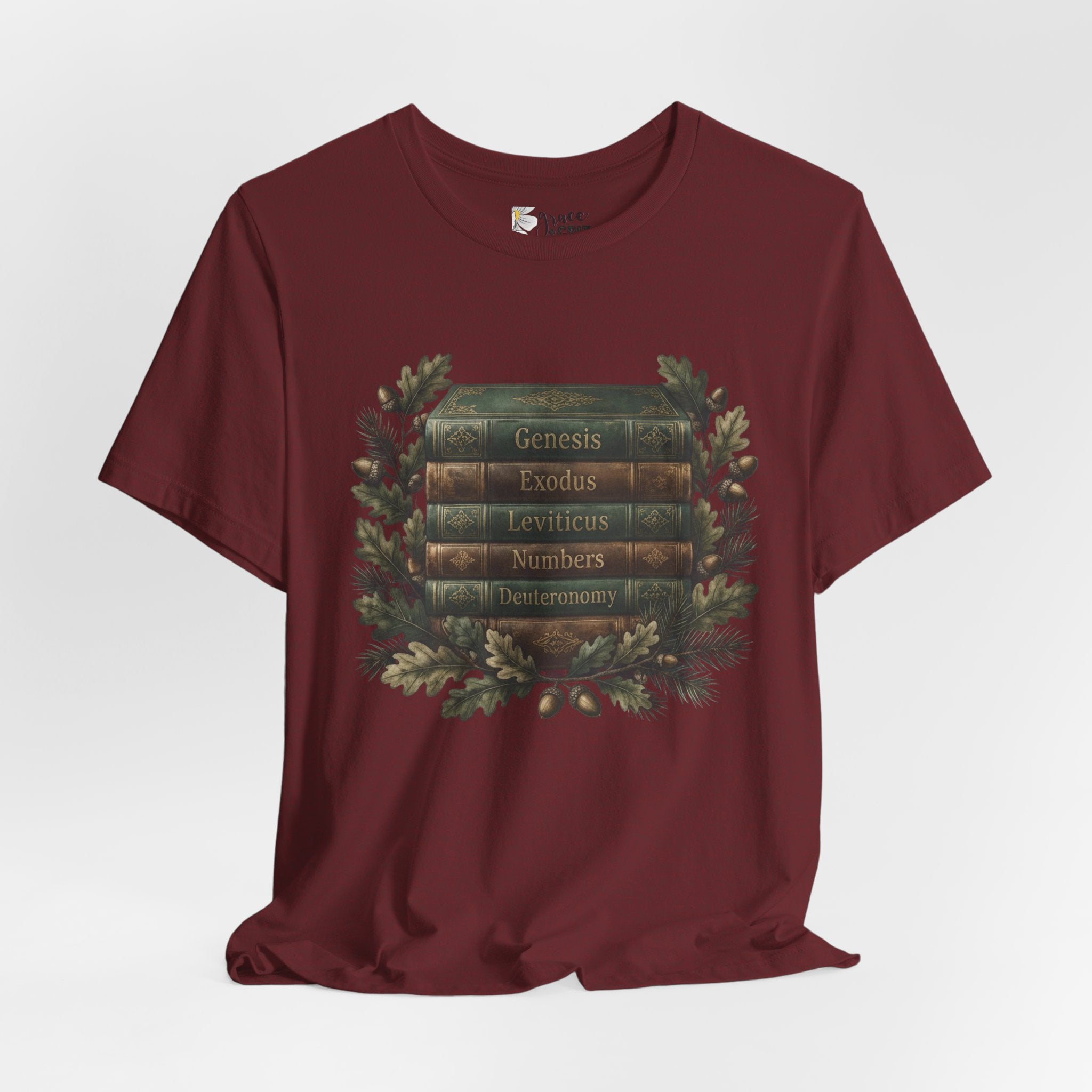 Bible Verse Stack T-Shirt — Genesis Exodus Leviticus Numbers Deuteronomy Floral Graphic