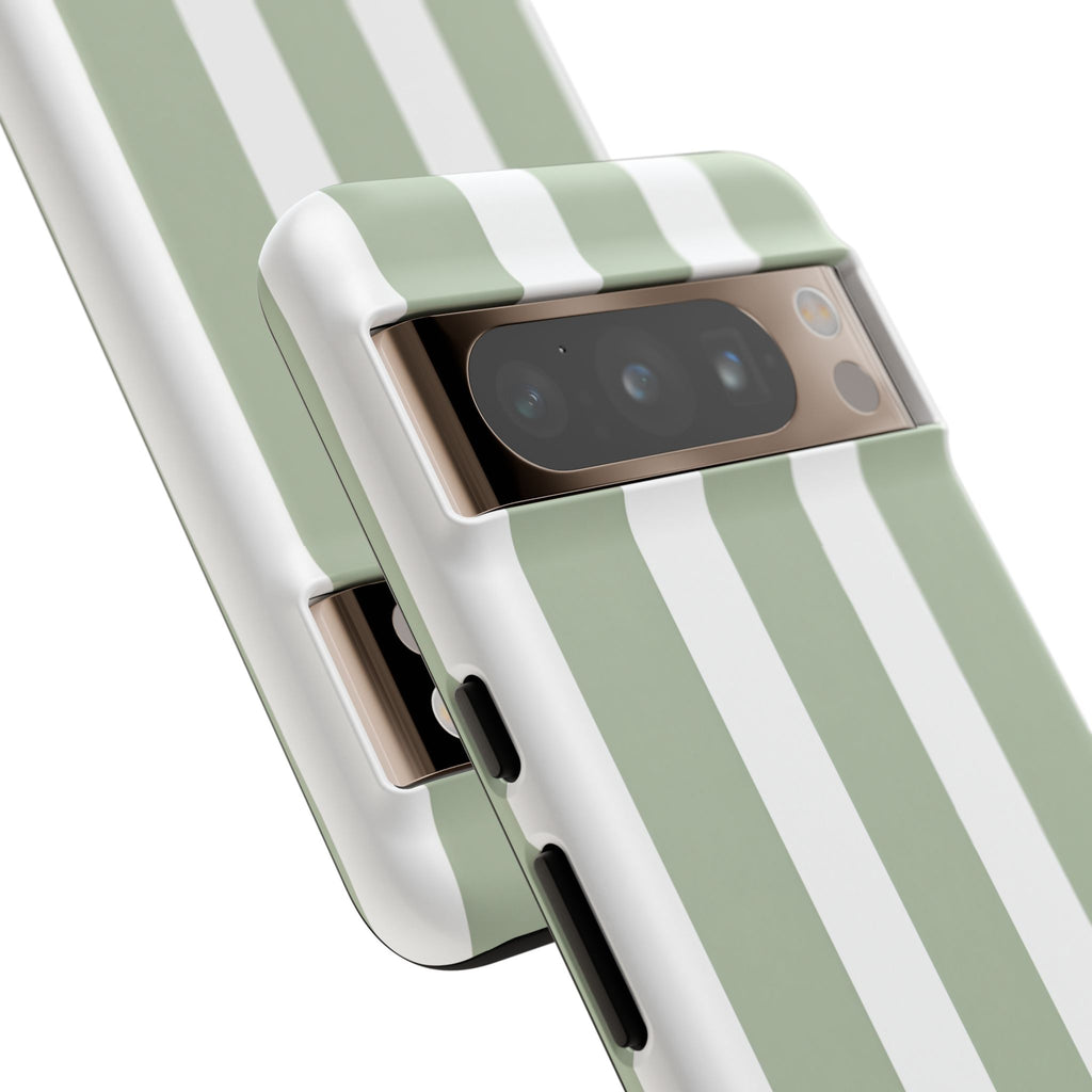 Striped Sage Tough Phone Case — Durable Green & White Vertical Stripe Phone Cover