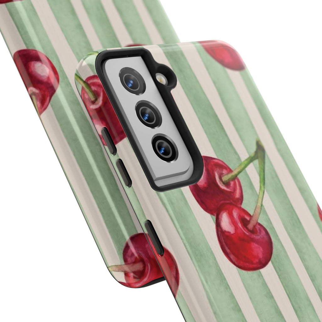 Cherry Stripe Tough Phone Case — Retro Watercolor Cherry Pattern Durable Phone Case