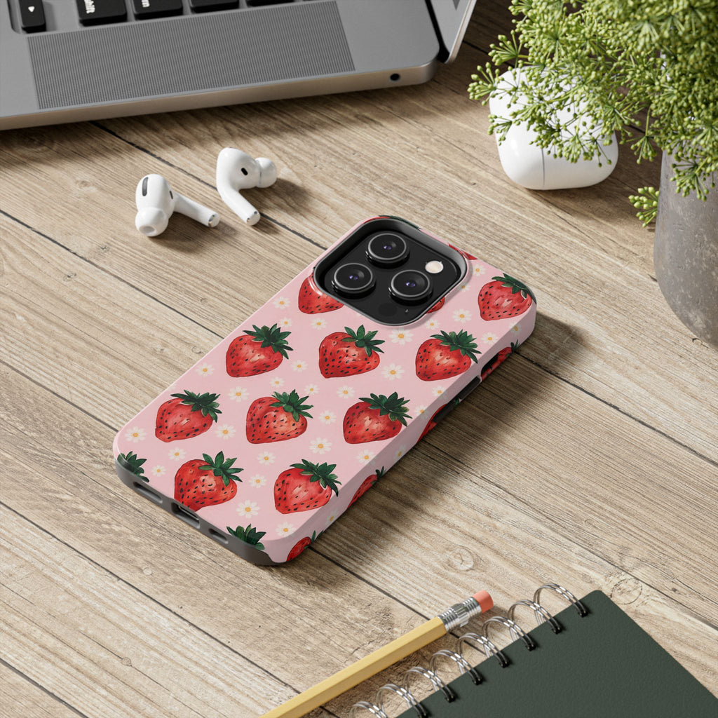 Strawberry Pattern Tough Phone Case — Cute Pink Fruit iPhone/Android Protection