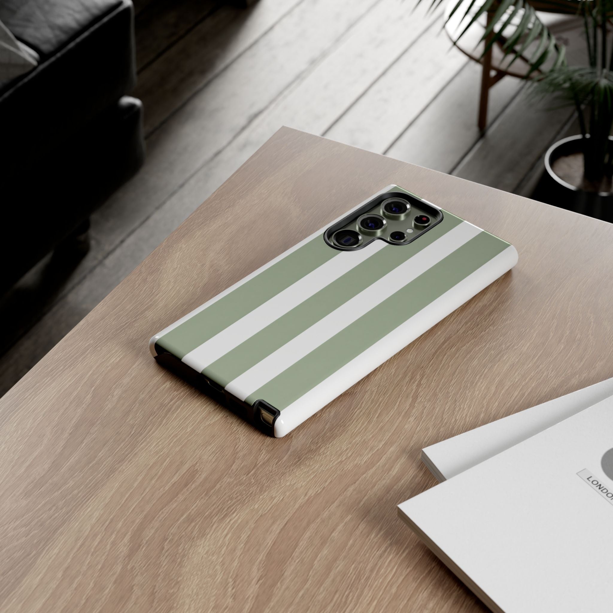 Striped Sage Tough Phone Case — Durable Green & White Vertical Stripe Phone Cover