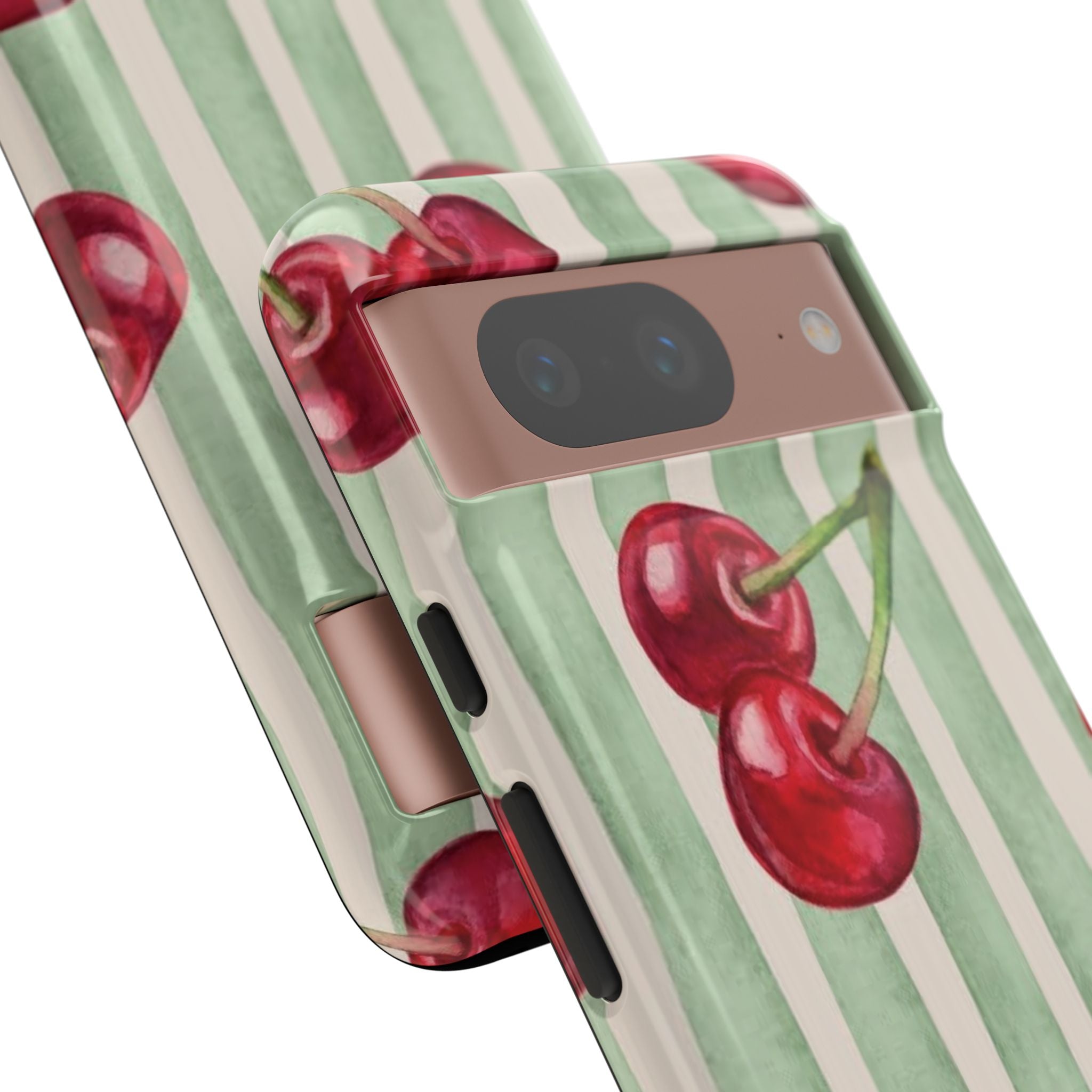 Cherry Stripe Phone Case – Retro Watercolor Cherries on Mint Stripes