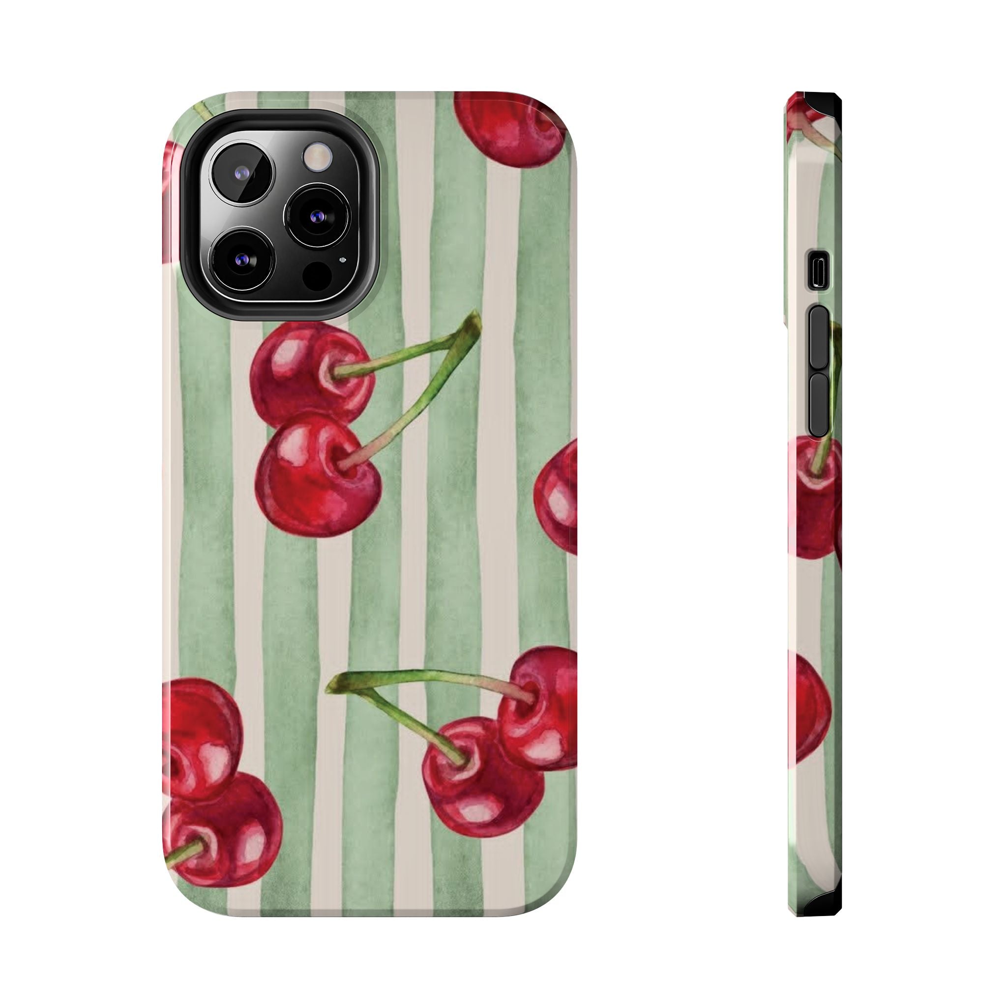 Cherry Stripe Tough Phone Case — Retro Watercolor Cherry Pattern Durable Phone Case