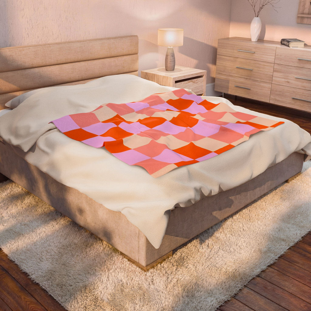 Retro Checkerboard Velveteen Plush Blanket – Pink, Orange & Lavender