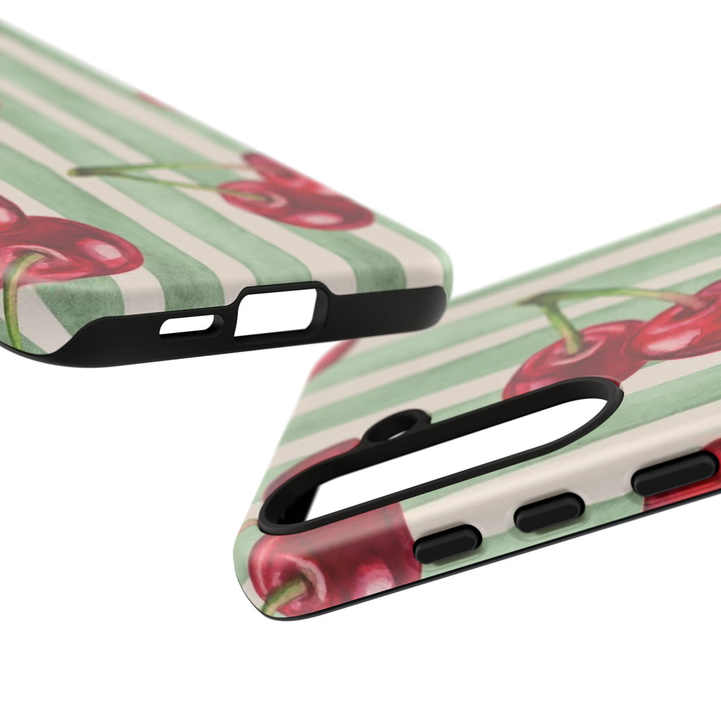 Cherry Stripe Phone Case – Retro Watercolor Cherries on Mint Stripes