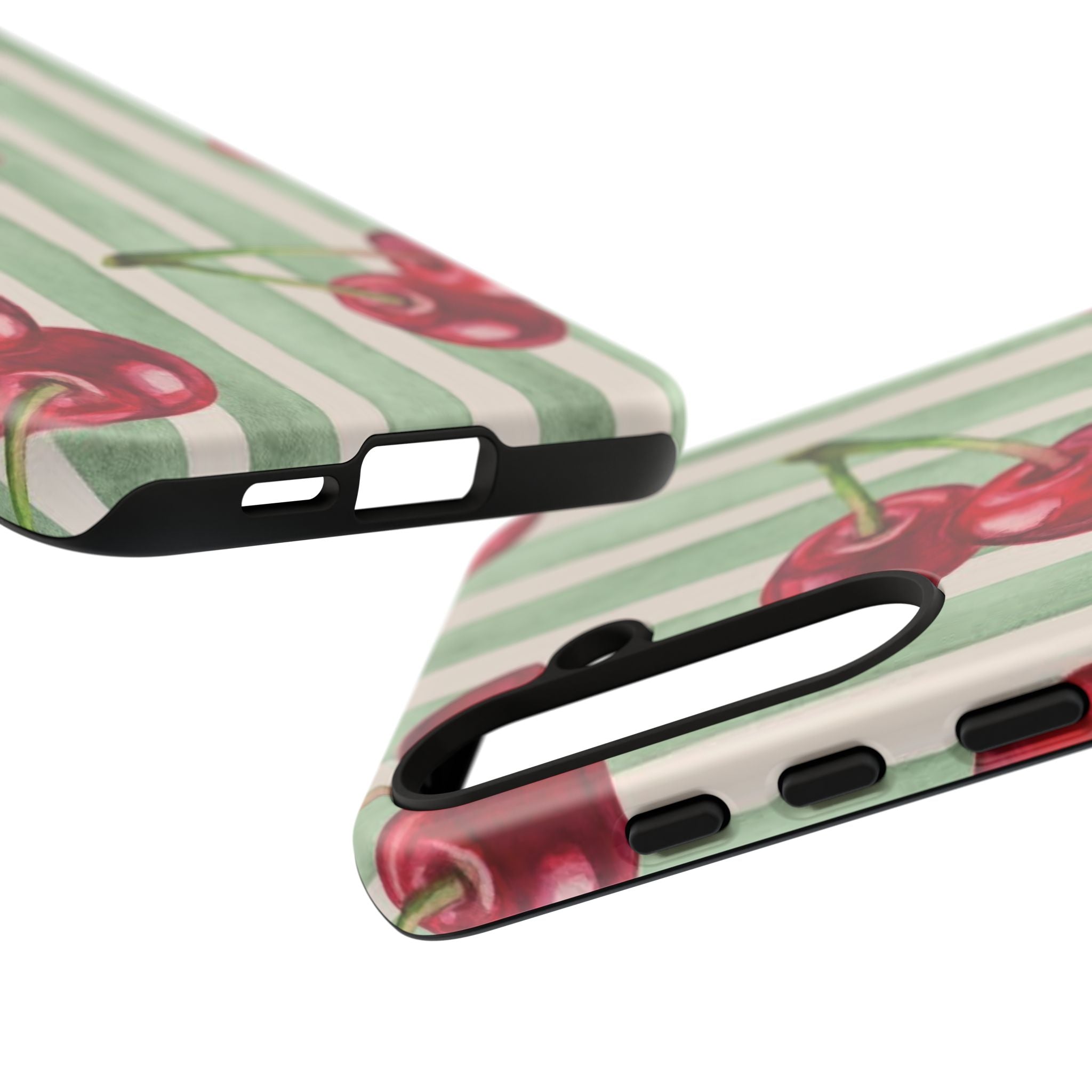 Cherry Stripe Phone Case – Retro Watercolor Cherries on Mint Stripes